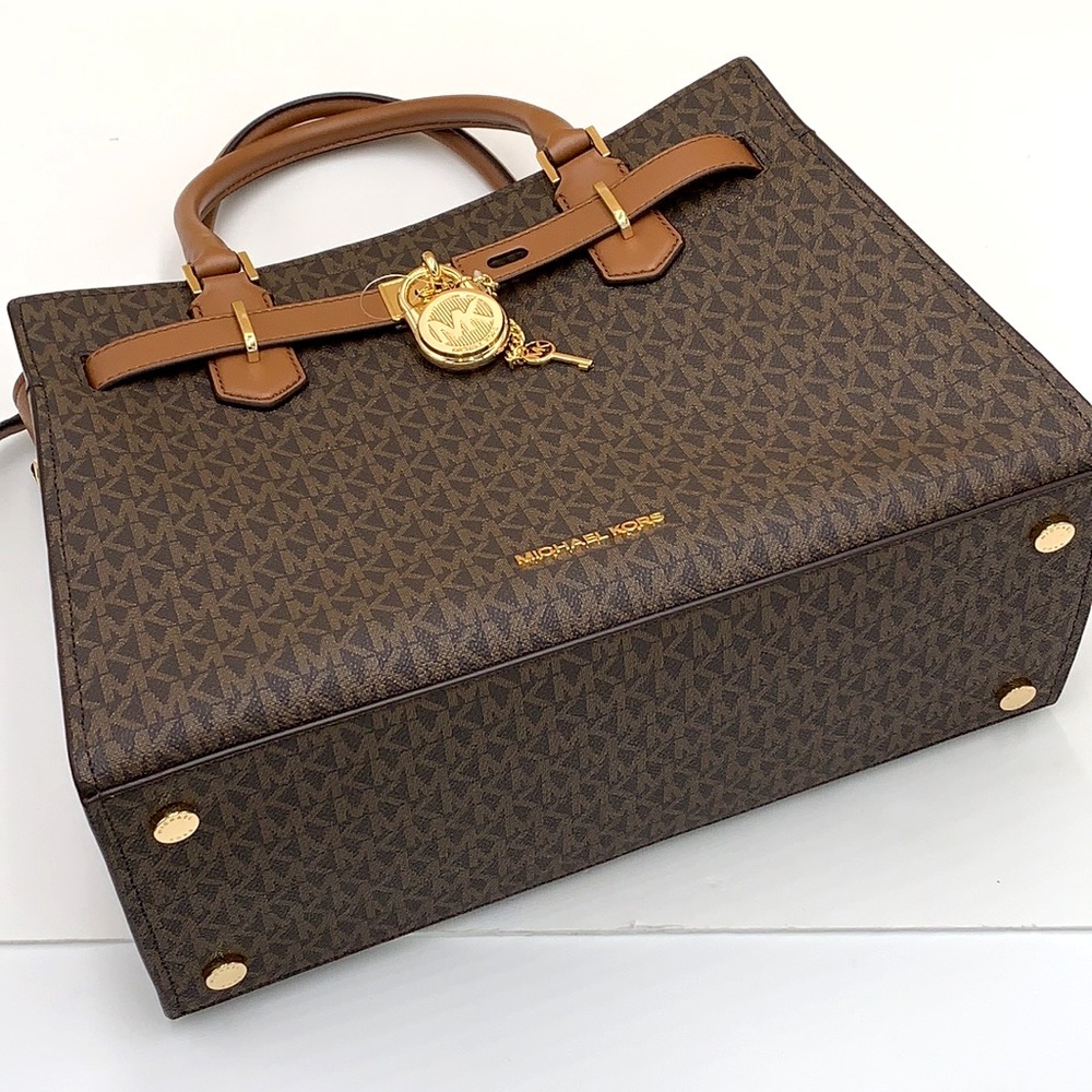 Michael Kors Hamilton Med Satchel Shoulder Crossbody Bag Luggage/Brown Signature - Picture 7 of 16